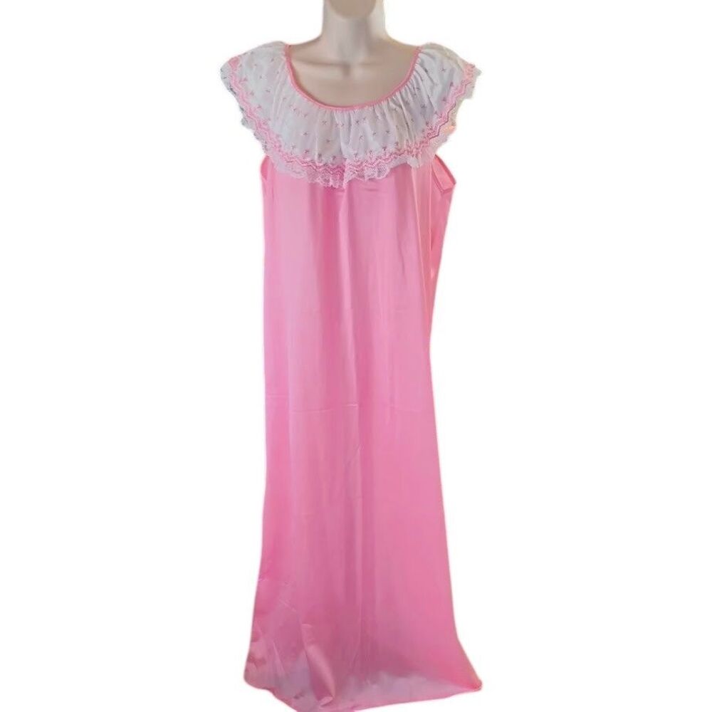 Vintage Miss Diva Pink Nightgown L/XL Floral Lace Flutter Sleeve Gown Coquette